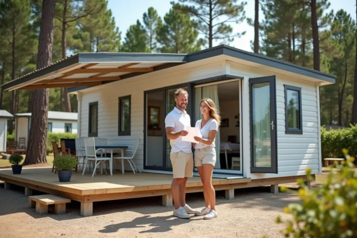 Couple examinant les documents d'achat devant un mobil-home moderne sur un camping avec terrasse en bois et pins environnants