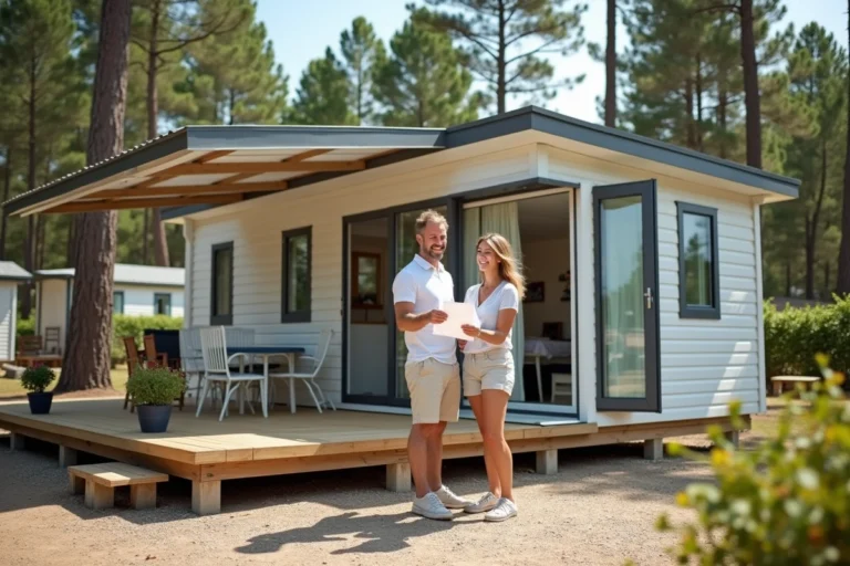 Couple examinant les documents d'achat devant un mobil-home moderne sur un camping avec terrasse en bois et pins environnants