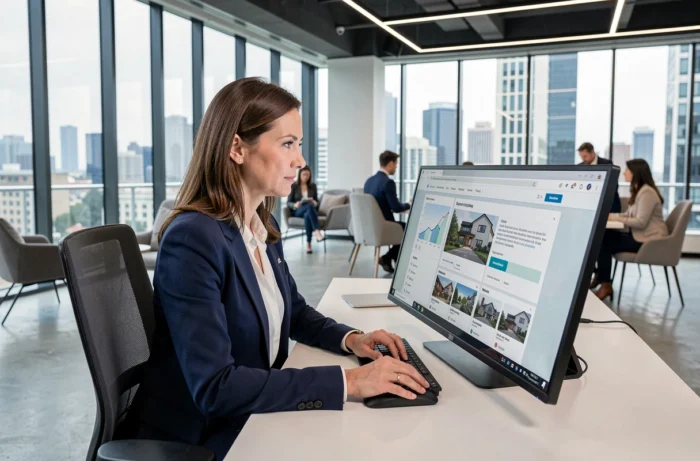 Agent immobilière professionnelle consultant une plateforme de listings sur écran tactile dans une agence moderne