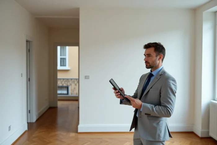 Agent immobilier consultant une estimation de bien en ligne sur tablette dans un appartement vide à vendre