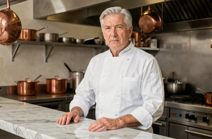 Portrait du chef Alain Ducasse en veste blanche dans sa cuisine gastronomique parisienne