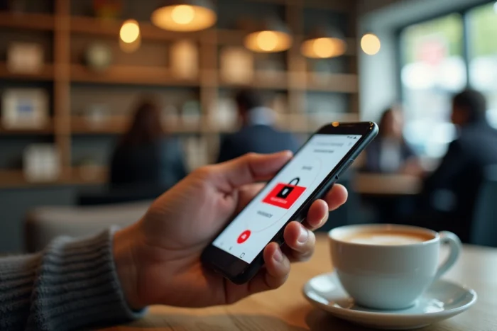 Gros plan sur un smartphone affichant une alerte de sécurité sur une application d'investissement en ligne