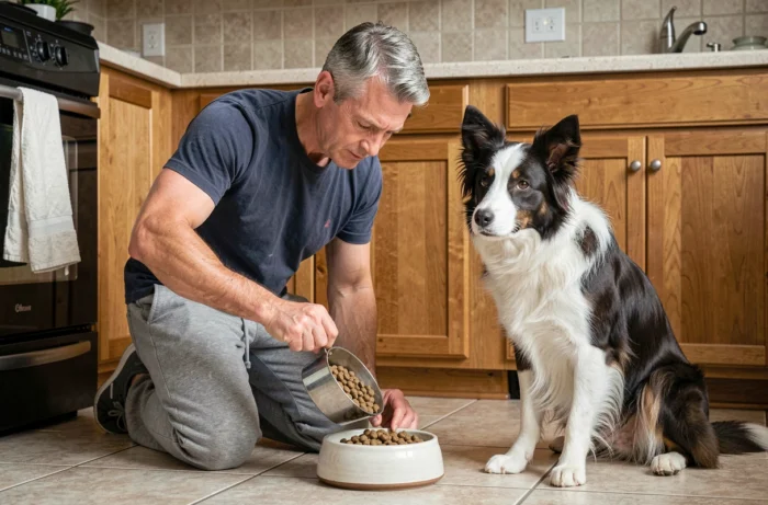 Homme nourrissant son border collie avec des croquettes dans la cuisine