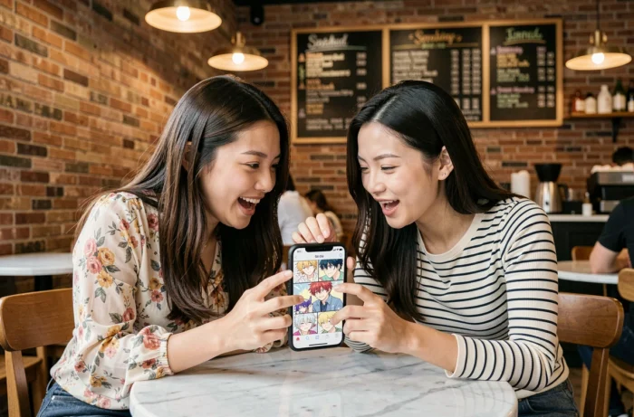 Deux jeunes femmes partageant un smartphone pour lire ensemble un manhwa BL dans un café urbain tendance