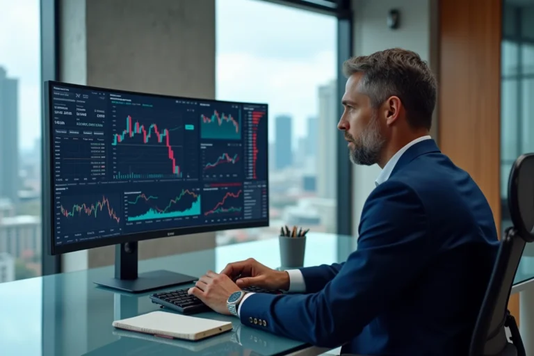 Professionnel en costume analysant des données blockchain et des graphiques de cryptomonnaie sur un grand écran incurvé dans un bureau moderne avec vue sur la ville