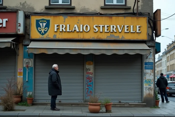 Façade abandonnée d'une ancienne chaîne de restaurants fermée en France, enseigne délavée et volet métallique baissé, homme contemplant la devanture