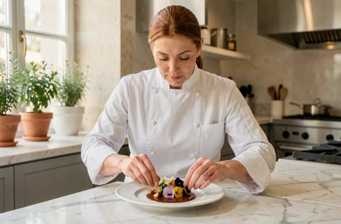 La cheffe Anne-Sophie Pic dressant un plat floral délicat dans sa cuisine gastronomique à Valence