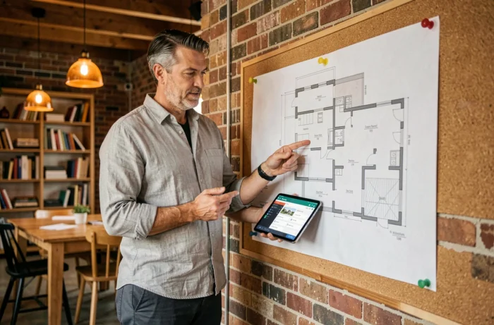 Architecte utilisant une tablette avec une plateforme immobilière professionnelle devant un plan de projet affiché au mur