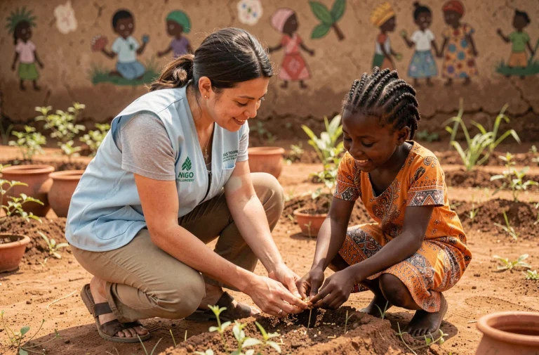 Volontaire d'une ONG et femme locale examinant des semences dans un jardin communautaire en Afrique de l'Ouest, symbolisant l'engagement pour le développement humain durable