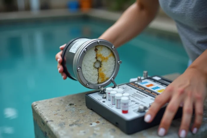 Cellule d'électrolyse de piscine au sel recouverte de dépôts calcaires liés à un pH trop élevé, posée près d'un kit de test de l'eau
