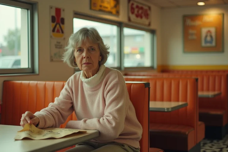 Femme nostalgique assise dans un ancien fast-food des années 80 en France, décor rétro orange et marron avec plateau en papier vintage