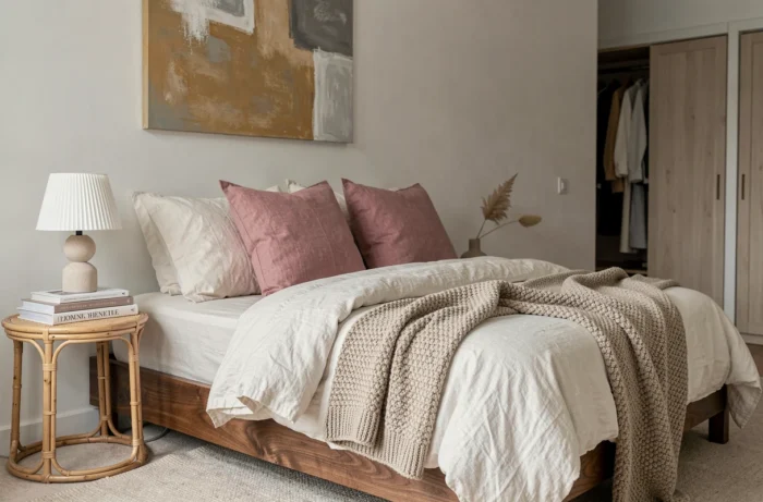 Chambre cocooning avec parure de lit en lin blanc, jeté en maille épaisse, table de chevet en rotin et toile abstraite pour une déco intérieure inspirante