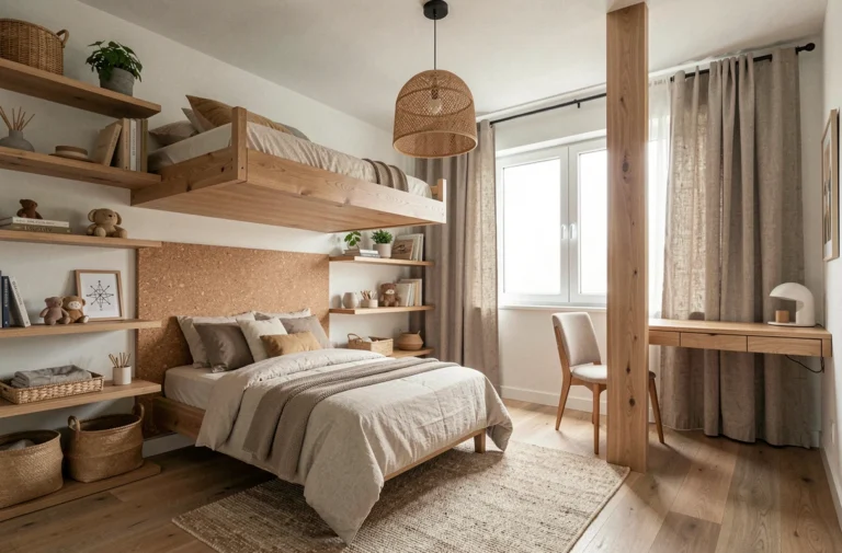 Chambre de garçon moderne avec décoration cohérente, lit surélevé, étagères murales et tons naturels harmonieux