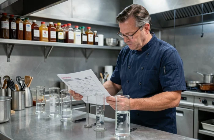 Chef cuisinier consultant un tableau de conversion cl en ml dans une cuisine professionnelle avec des éprouvettes graduées