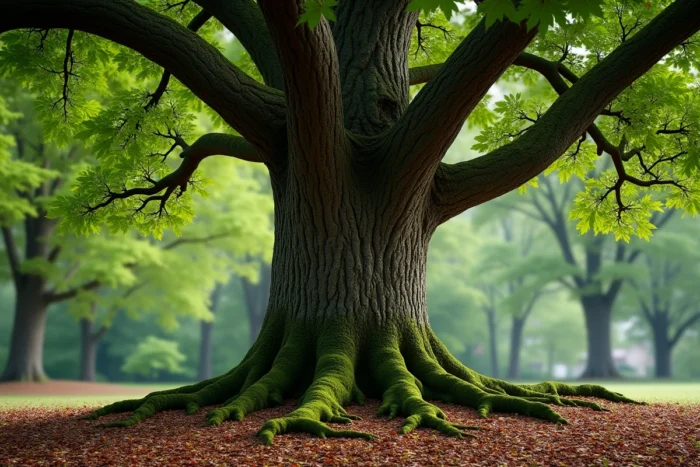 Chêne sessile (Quercus petraea) majestueux avec ses racines apparentes, son écorce texturée et ses glands dans une clairière boisée