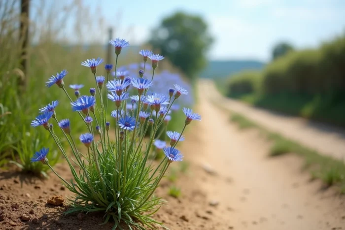 Chicorée sauvage (Cichorium intybus) en fleurs bleues éclatantes le long d'un chemin rural avec un sol sec et fissuré