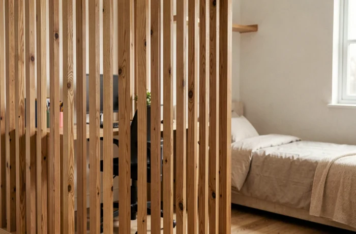Claustra en bois à lamelles verticales servant de séparateur entre espace bureau et espace couchage dans une chambre de garçon