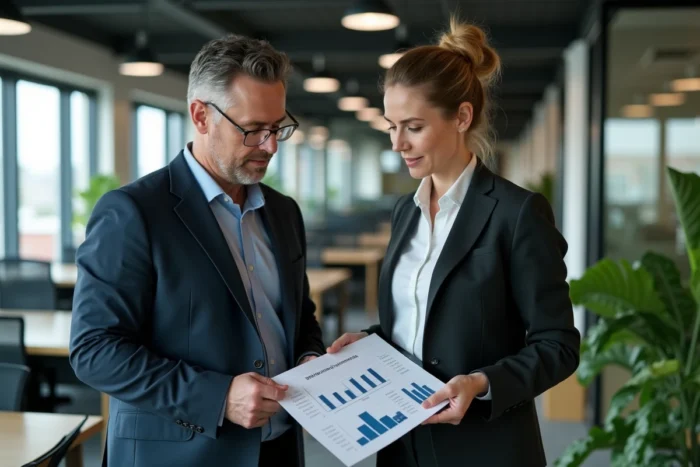 Deux collègues professionnels discutant d'un rapport de diversification de portefeuille avec des graphiques d'allocation d'actifs blockchain dans un espace de coworking moderne
