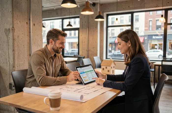 Deux professionnels comparant des offres d'assurance immobilière sur une tablette dans un espace de travail moderne