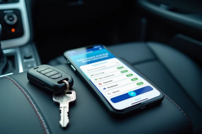 Smartphone affichant une comparaison de garanties d'assurance auto posé sur le tableau de bord d'une voiture