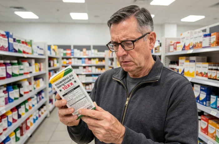 Homme d'âge mûr lisant attentivement l'étiquette d'un complément alimentaire aux allégations santé excessives dans une pharmacie