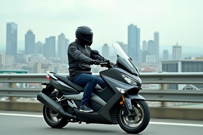 Conducteur en veste moto sur un Yamaha TMAX 750 sur une voie rapide avec panorama urbain en arrière-plan