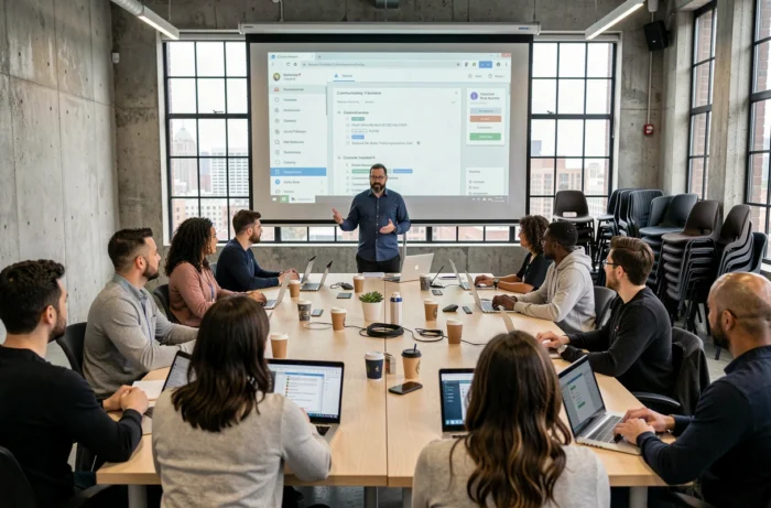 Conférence tech open source avec des participants et un présentateur devant un tableau de bord communautaire projeté dans un espace urbain