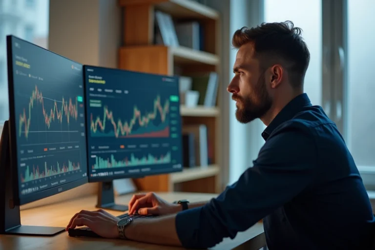 Homme inquiet devant un écran affichant une plateforme d'investissement en ligne avec des alertes de sécurité suspectes
