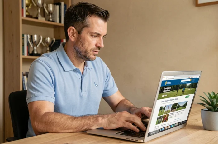 Golfeur connecté à l'extranet FFGolf sur son ordinateur portable dans un bureau à domicile