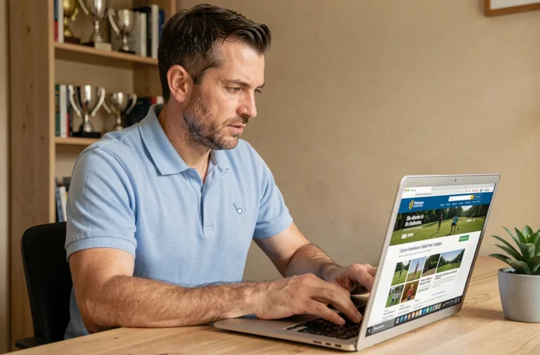 Golfeur connecté à l'extranet FFGolf sur son ordinateur portable dans un bureau à domicile