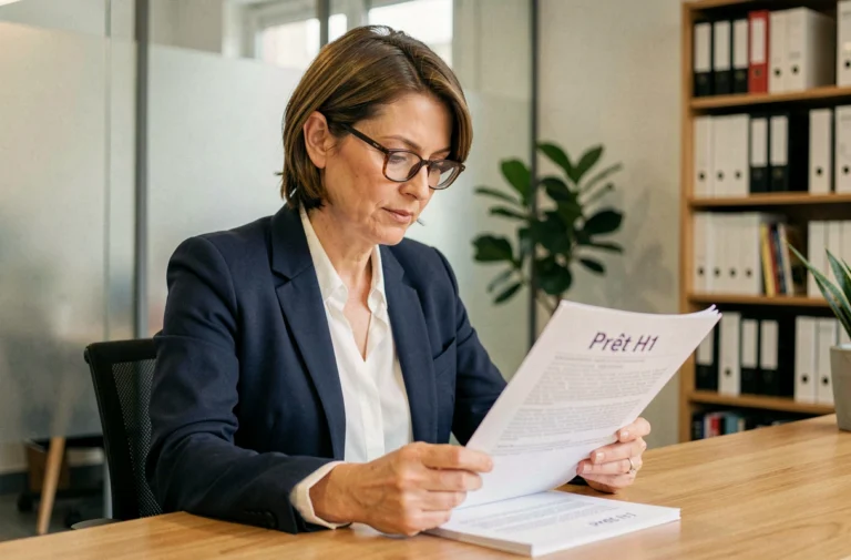 Conseillère bancaire analysant les conditions d'un prêt H1 dans un bureau moderne