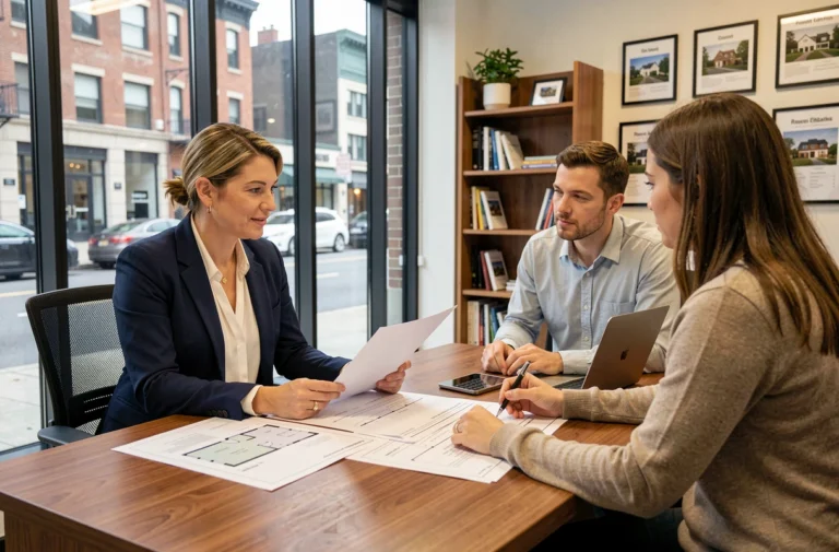 Agent immobilière conseillant un couple lors d'une transaction immobilière dans une agence moderne