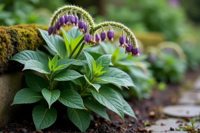 Consoude officinale (Symphytum officinale) avec ses grandes feuilles rugueuses et ses fleurs en clochettes violettes près d'un muret en pierre