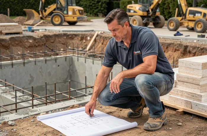 Installateur de piscine examinant des plans techniques sur un chantier de construction de piscine haut de gamme avec structure en béton projeté
