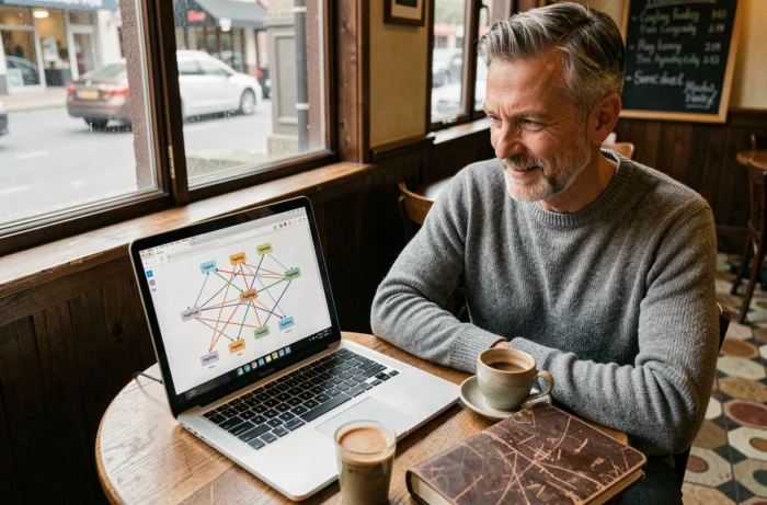 Consultant SEO travaillant sur une visualisation de réseau de blogs privés dans un café avec un ordinateur portable