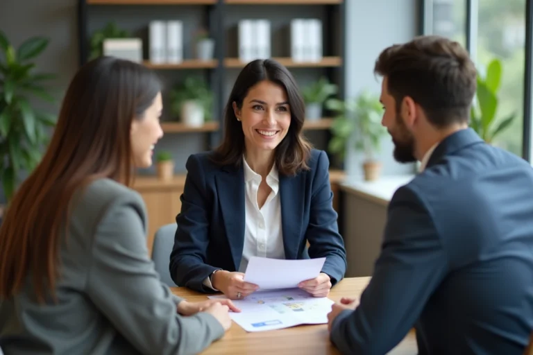 Agent immobilier conseillant un couple lors d'une consultation personnalisée dans une agence moderne