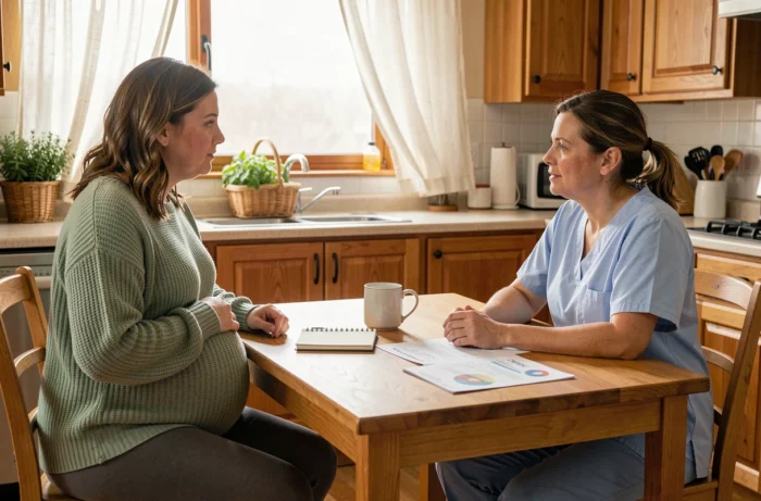 Femme enceinte en consultation avec une sage-femme sur les précautions à prendre pendant la grossesse