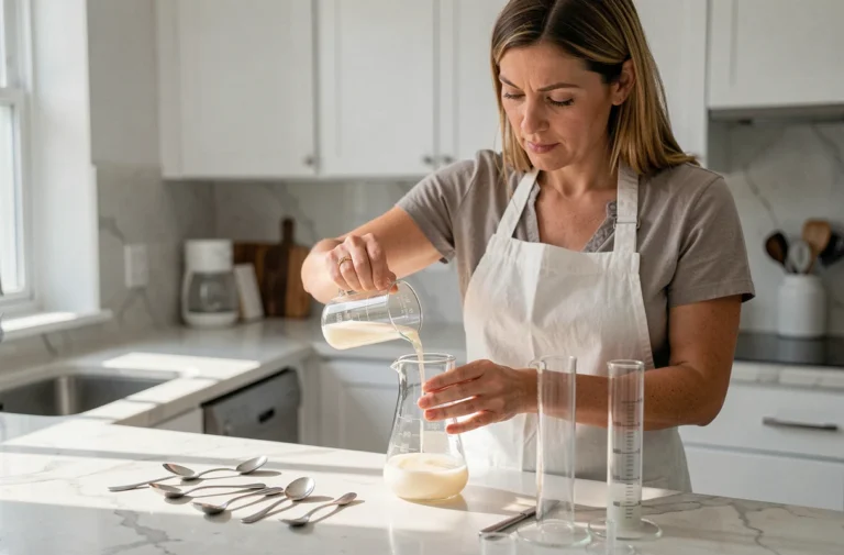 Femme utilisant une tasse à mesurer et une éprouvette graduée pour convertir des centilitres en millilitres dans une cuisine moderne