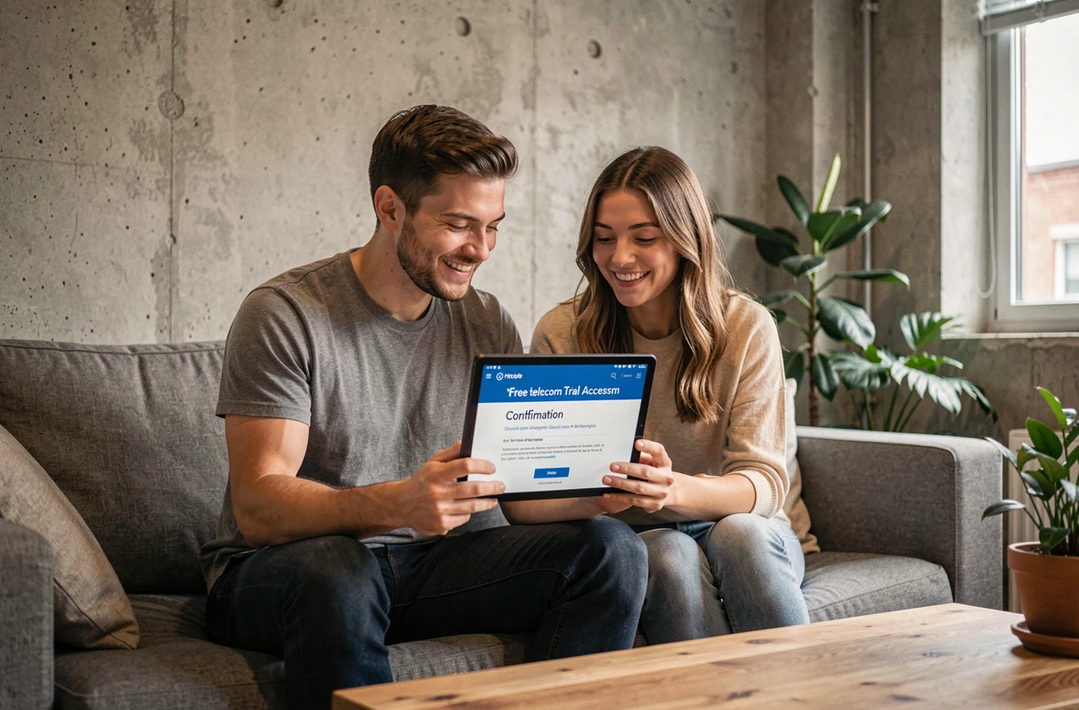 Deux personnes consultant une tablette pour activer un accès Internet Free gratuit de 24 heures dans un appartement