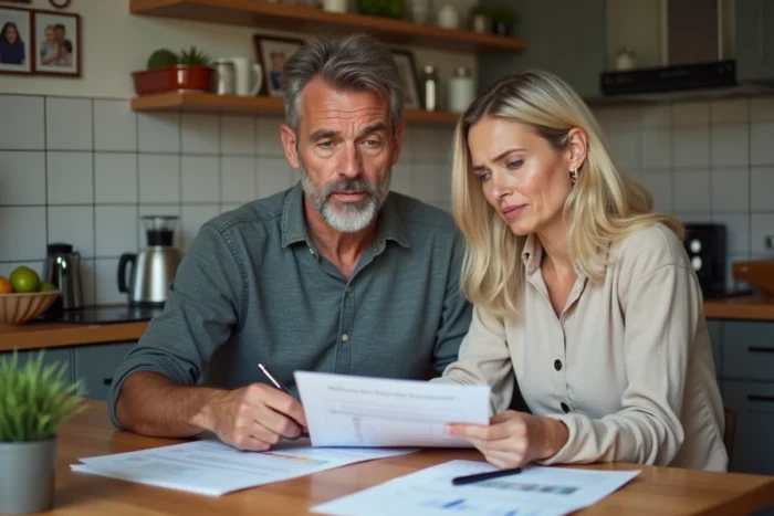 Couple comparant des estimations immobilières en ligne et des rapports imprimés à la table de leur cuisine