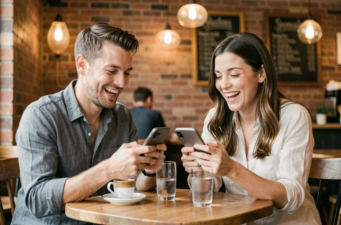 Couple riant ensemble en partageant des messages et des emojis romantiques dans un café urbain