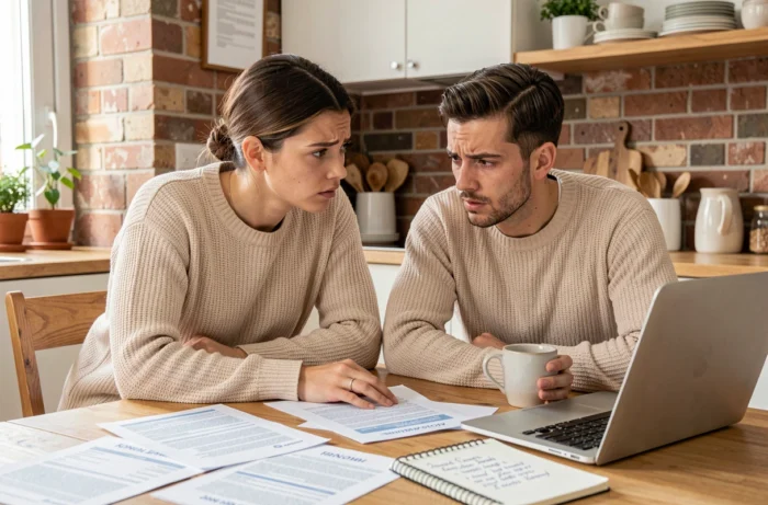 Couple étudiant les documents d'un prêt H1 autour d'une table de cuisine