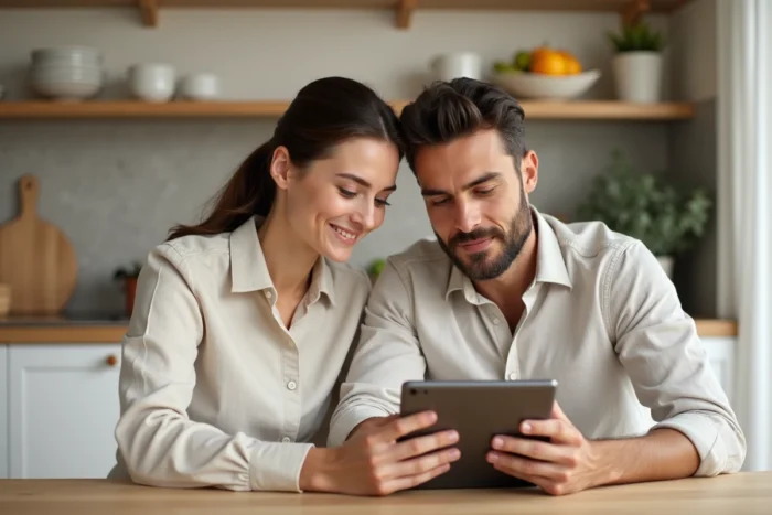 Couple planifiant leurs investissements à domicile avec une application de gestion financière sur tablette