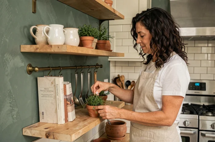 Femme aménageant une étagère de cuisine ouverte avec céramiques artisanales, herbes aromatiques et peinture vert sauge pour une déco tendance