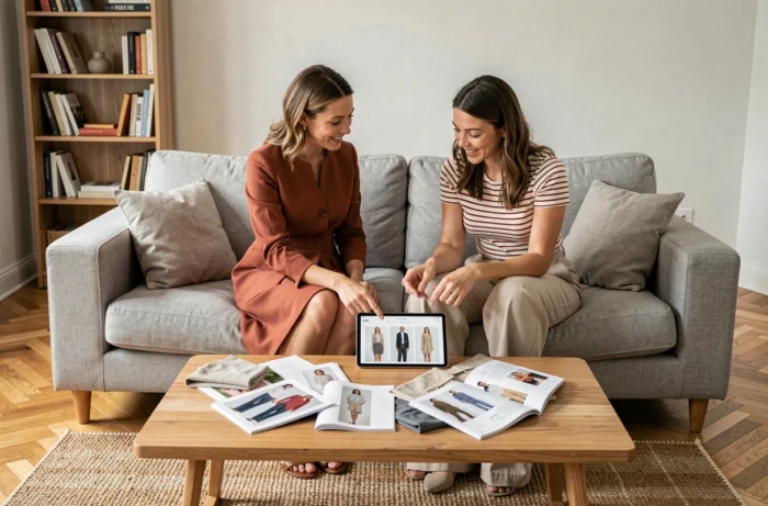Deux femmes discutant de tendances mode autour de lookbooks et d'une tablette dans un salon moderne
