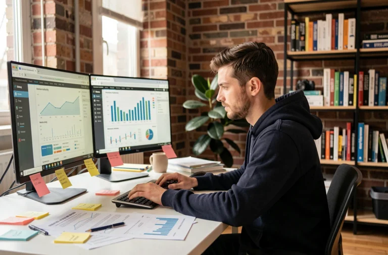 Développeur web analysant des métriques SEO et des données de backlinks sur un double écran dans un bureau moderne