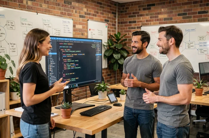 Groupe de développeurs collaborant autour d'un écran affichant du code open source dans un espace de coworking moderne