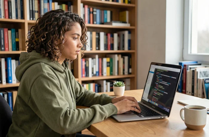 Développeuse travaillant sur un terminal Linux open source depuis son bureau à domicile entouré de livres techniques