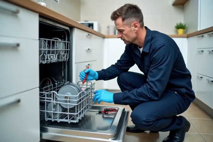 Technicien en train de diagnostiquer le défaut E15 sur un lave-vaisselle Bosch en inspectant la pompe de vidange