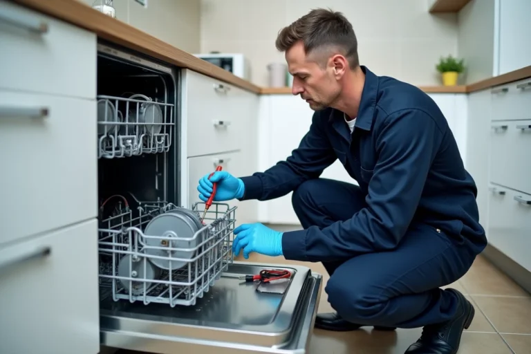 Technicien en train de diagnostiquer le défaut E15 sur un lave-vaisselle Bosch en inspectant la pompe de vidange